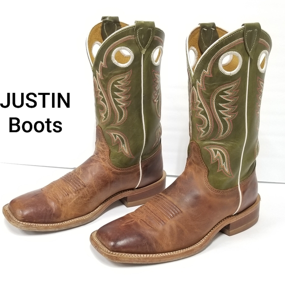 Bottes Western Homme Justin Rail Courbé Austin Cognac Marron Bout Carré